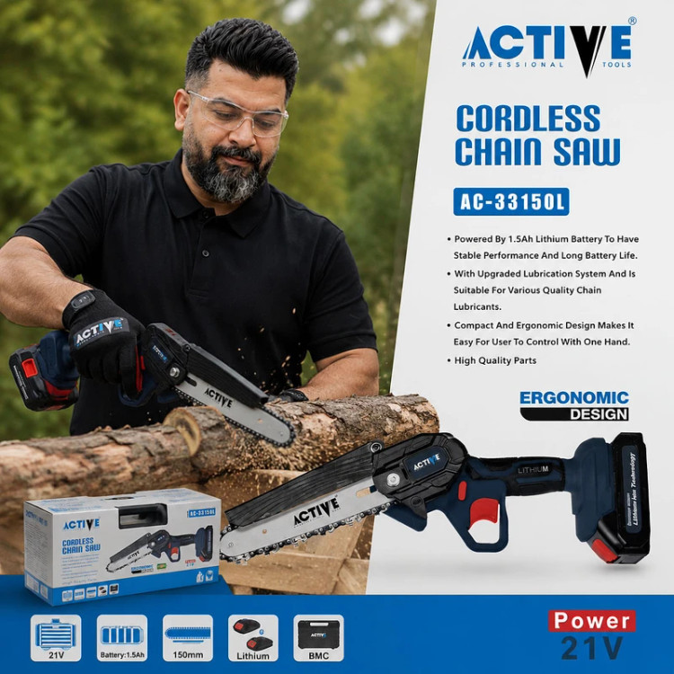 اره زنجیری شارژی اکتیو مدل AC33150L ظرفیت ۲۱ ولت براشلس